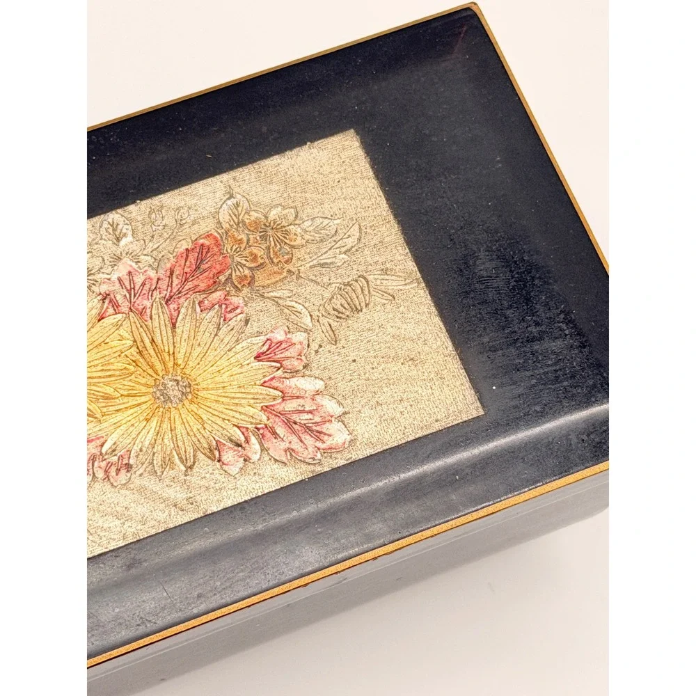 Westland Co Vintage Japanese Lacquer Music Jewelry Box Edel Weiss Black Gold